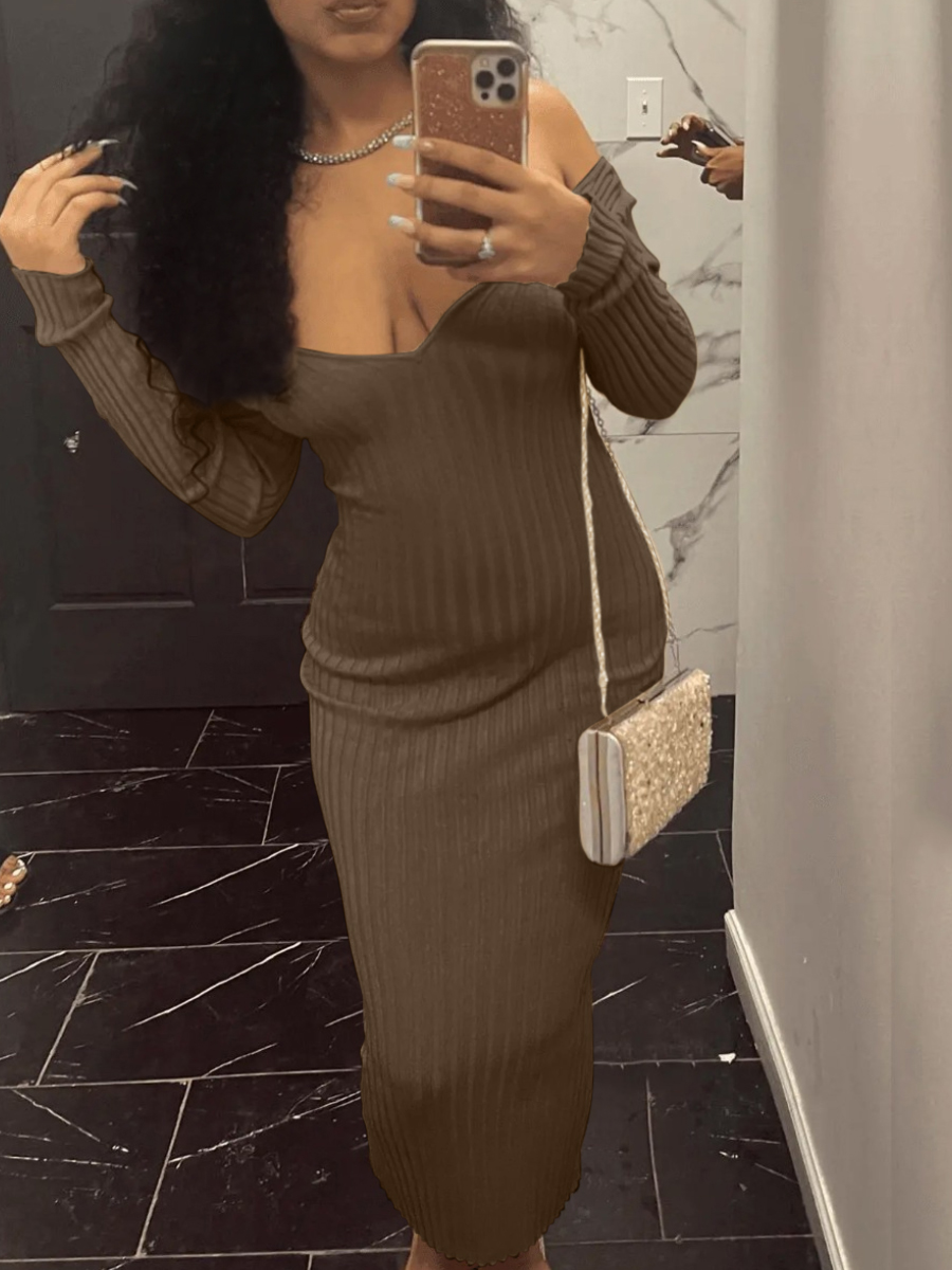 LW BASICS Off The Shoulder Rib Knit Bodycon Dress