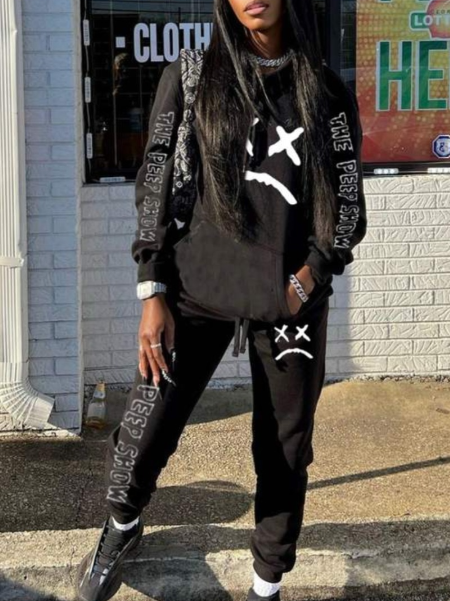 LW Letter Print Kangaroo Pocket Tracksuit Set