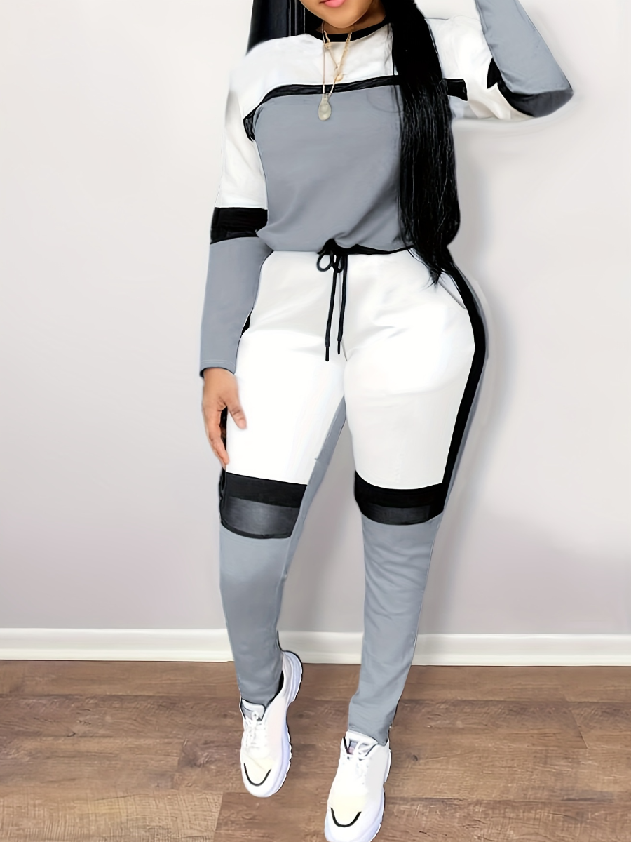 LovelyWholesale Plus Size Basic Solid Color Regular Two-piece Pants Set Fall Long Sleeve Sporty Basic Conventional Collar  5X Spring Summer 2024
