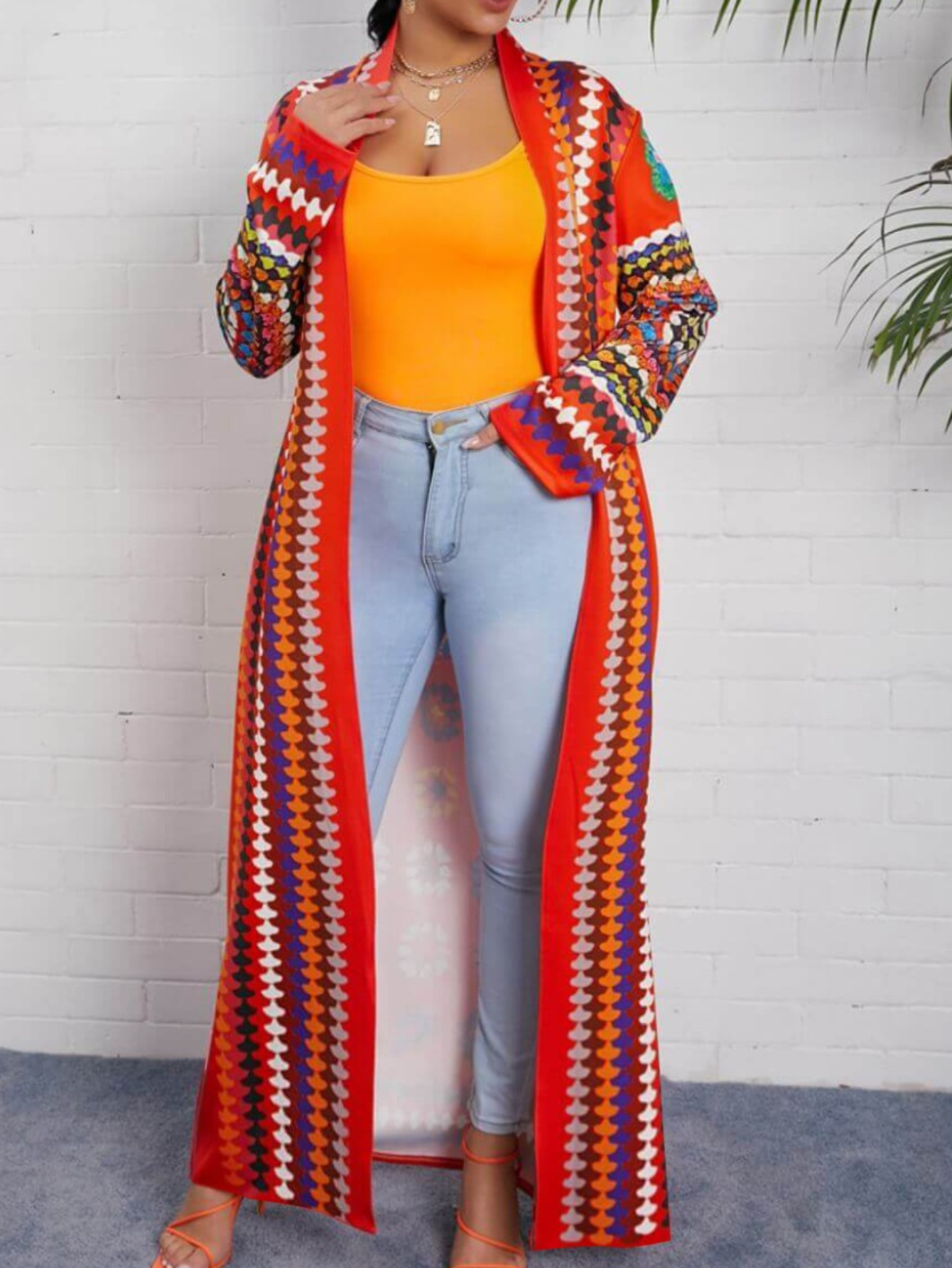 LW Plus Size Geometric Afro Print Trench Coat
