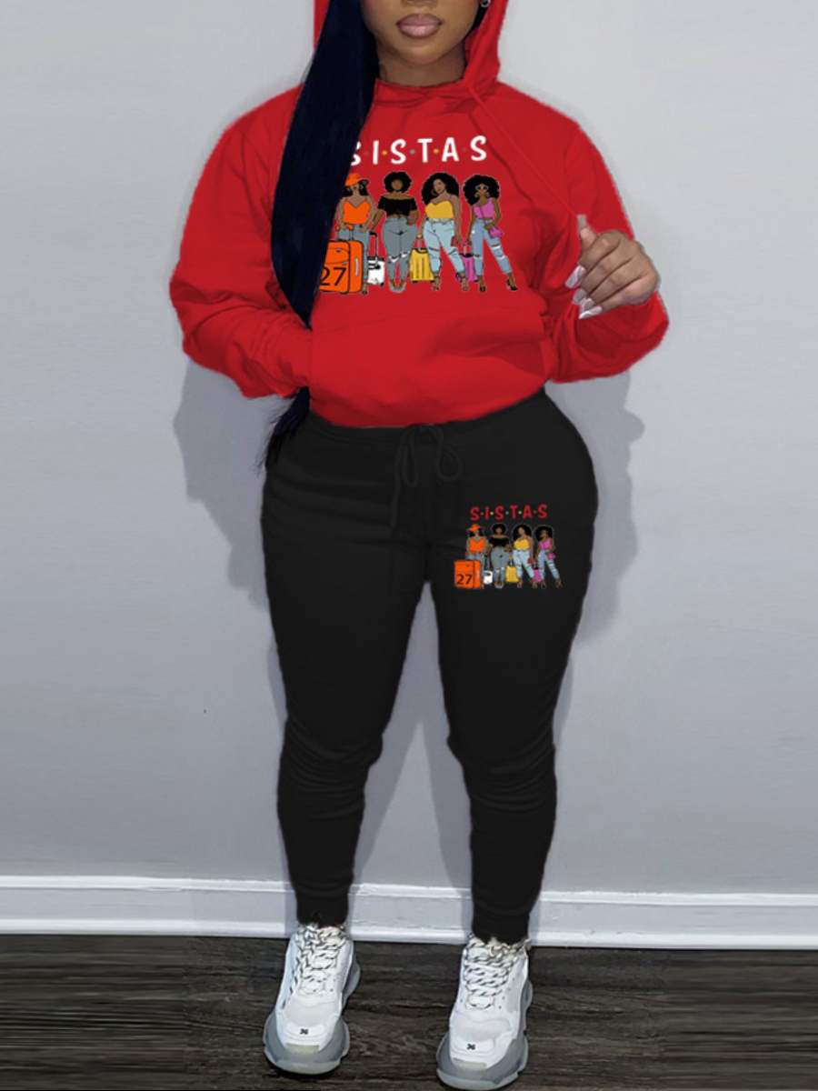 LW Plus Size Figure Letter Print Kangaroo Pocket Tracksuit Set