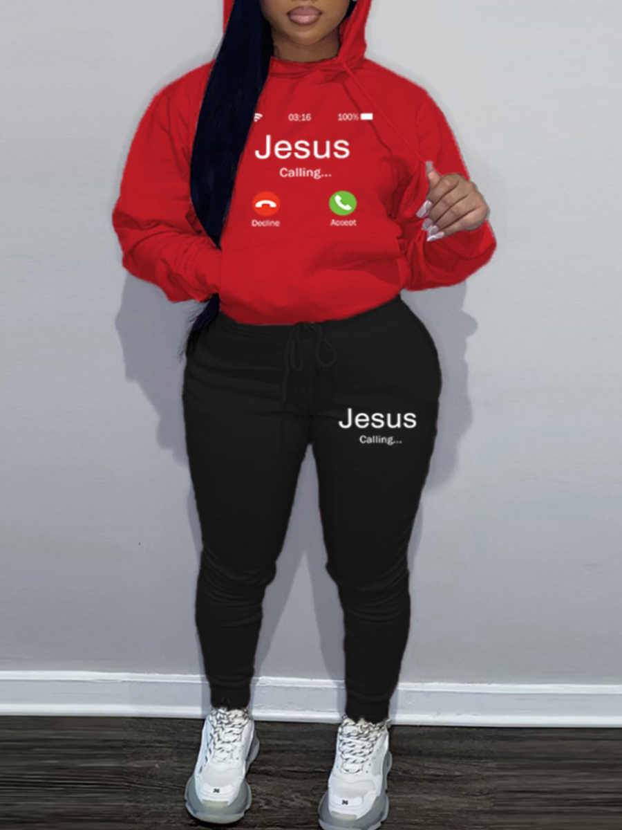 LW Plus Size Phone Call Letter Print Kangaroo Pocket Tracksuit Set