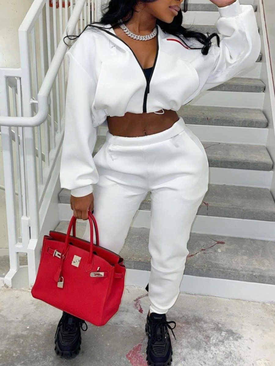 LW Crop Top Zipper Design Drawstring Pants Set