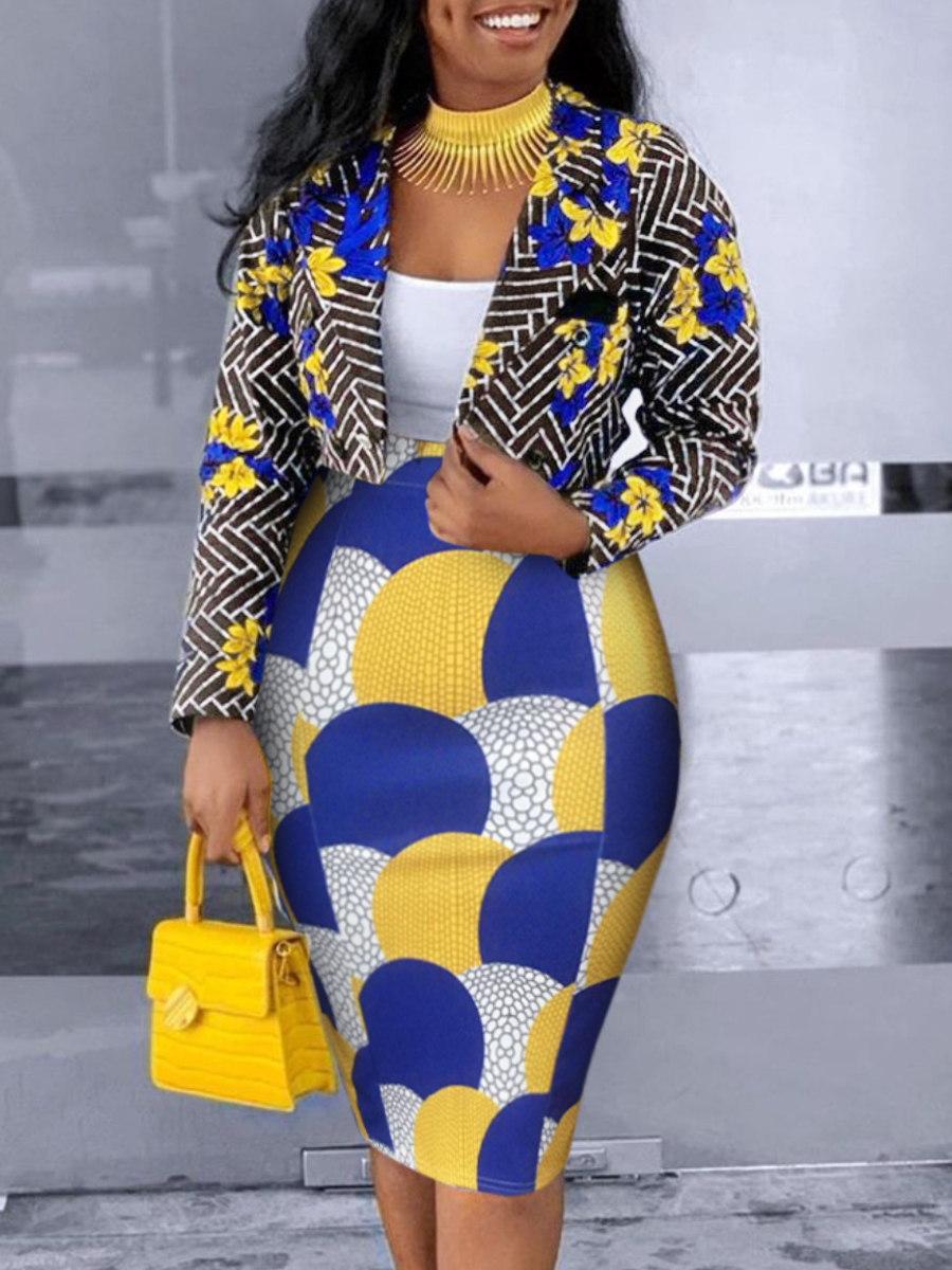 LW Plus Size Geometric Print Patchwork Blazer Skirt Set