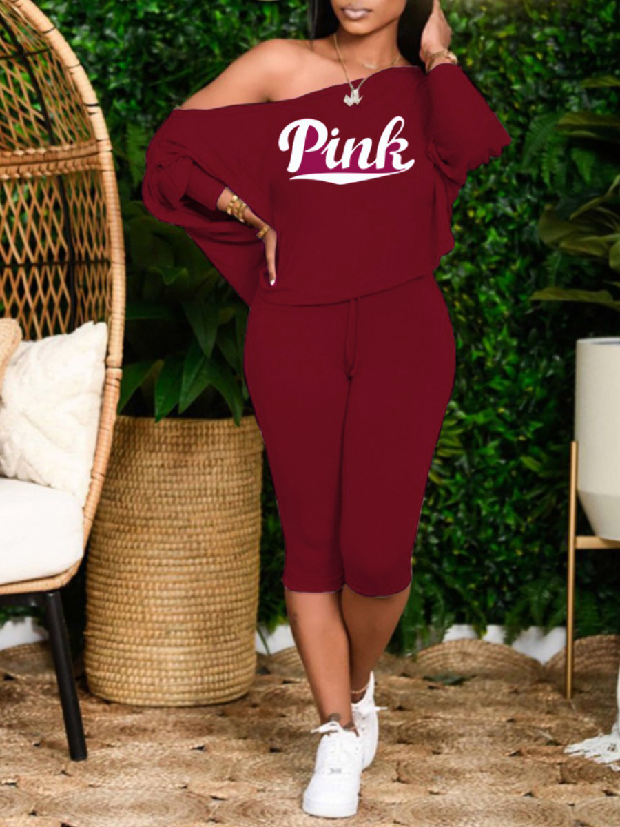 LW Pink Letter Print Loose Pants Set