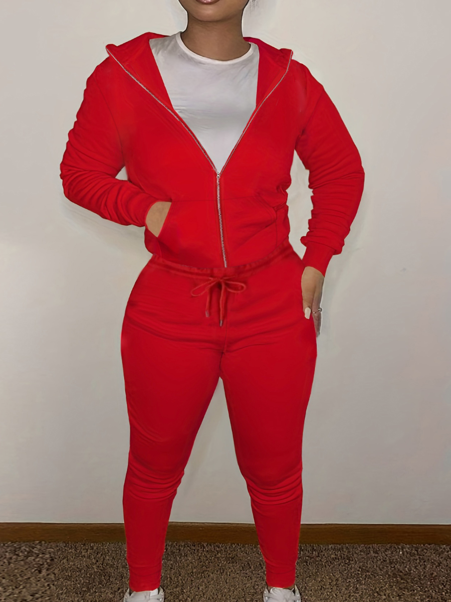 LW BASICS Plus Size Kangaroo Pocket Drawstring Tracksuit Set