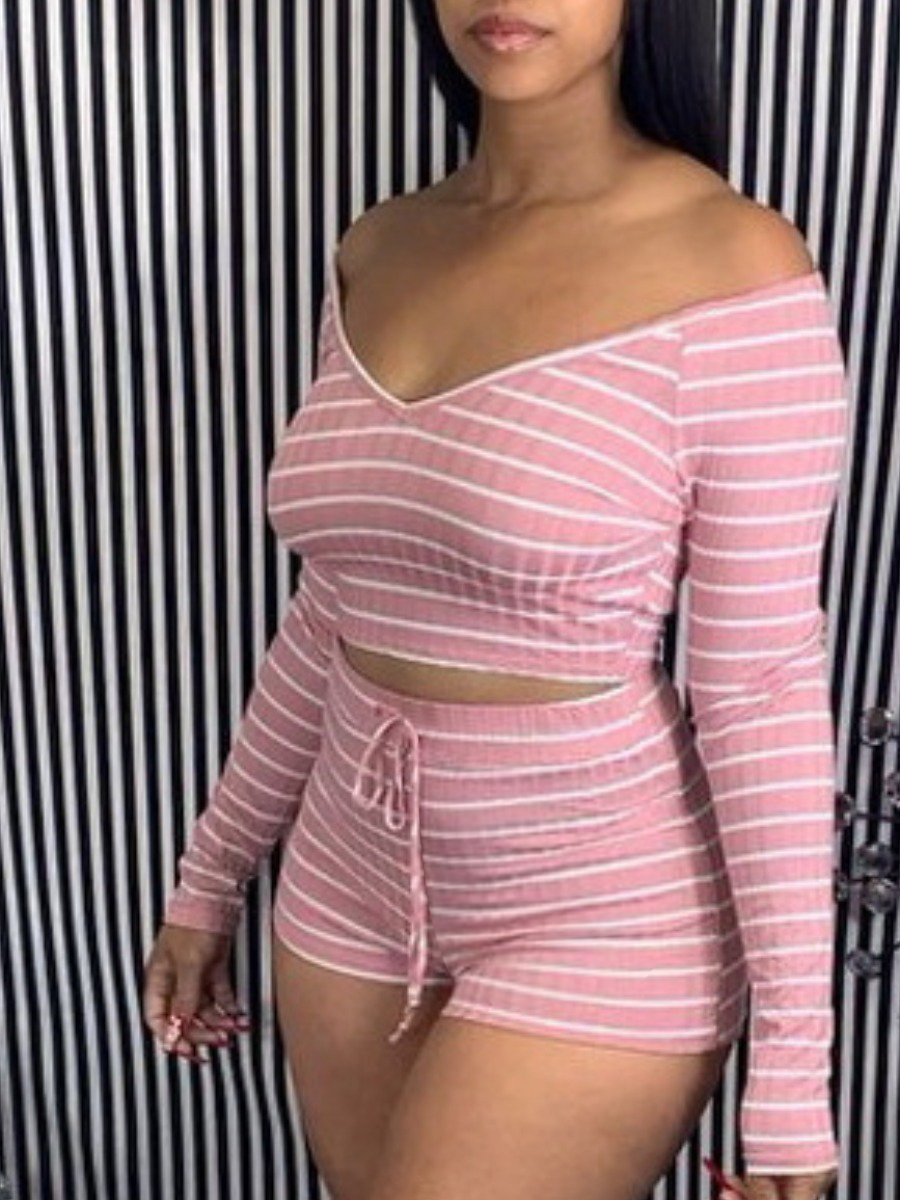 LW V Neck Drawstring Striped Shorts Set