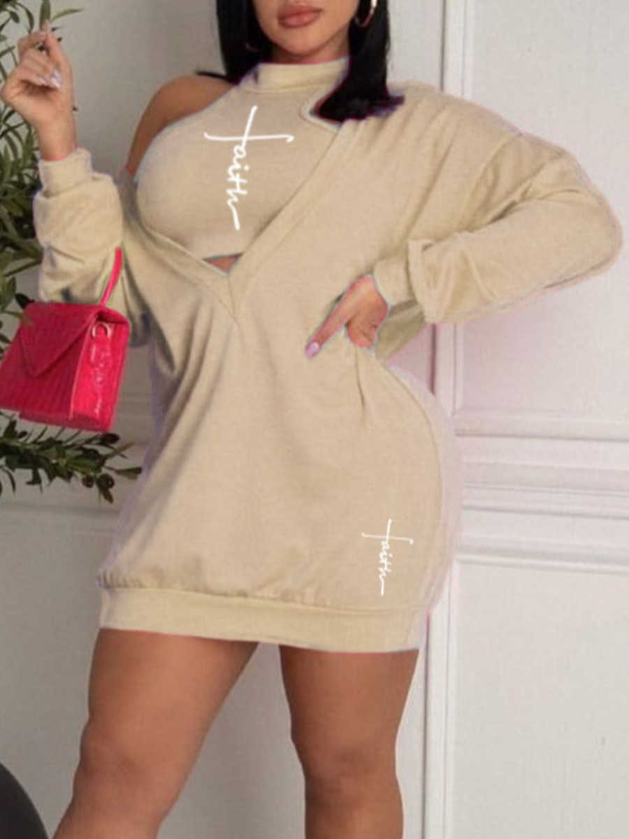 LW V Neck Faith Letter Print Sweat Dress (With Camisole)