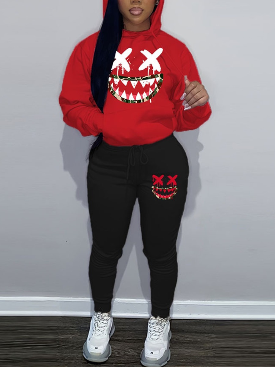 LW Plus Size Fish Mouth Print Kangaroo Pocket Tracksuit Set