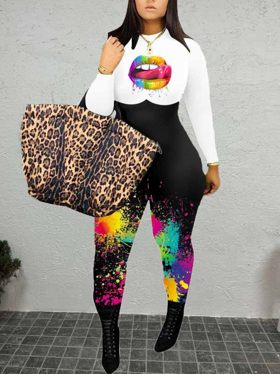 LW Plus Size Splash Ink Lip Print Skinny Jumpsuit