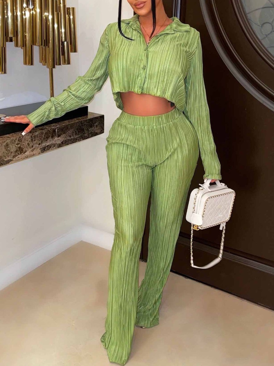 LovelyWholesale BASICS Crop Top Lettuce Trim High Waist Pants Set Fall Long Sleeve Casual Turndown Collar Spring Summer 2024