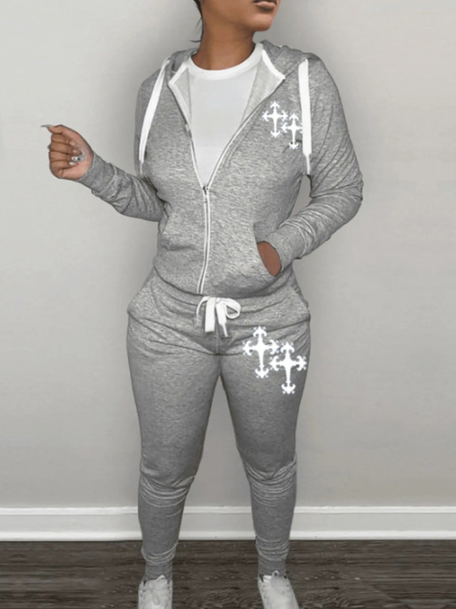 LW Cross Print Kangaroo Pocket Drawstring Tracksuit Set