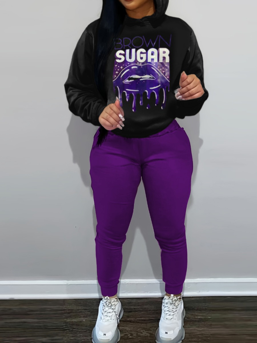 LW Plus Size Lip Letter Print Kangaroo Pocket Tracksuit Set