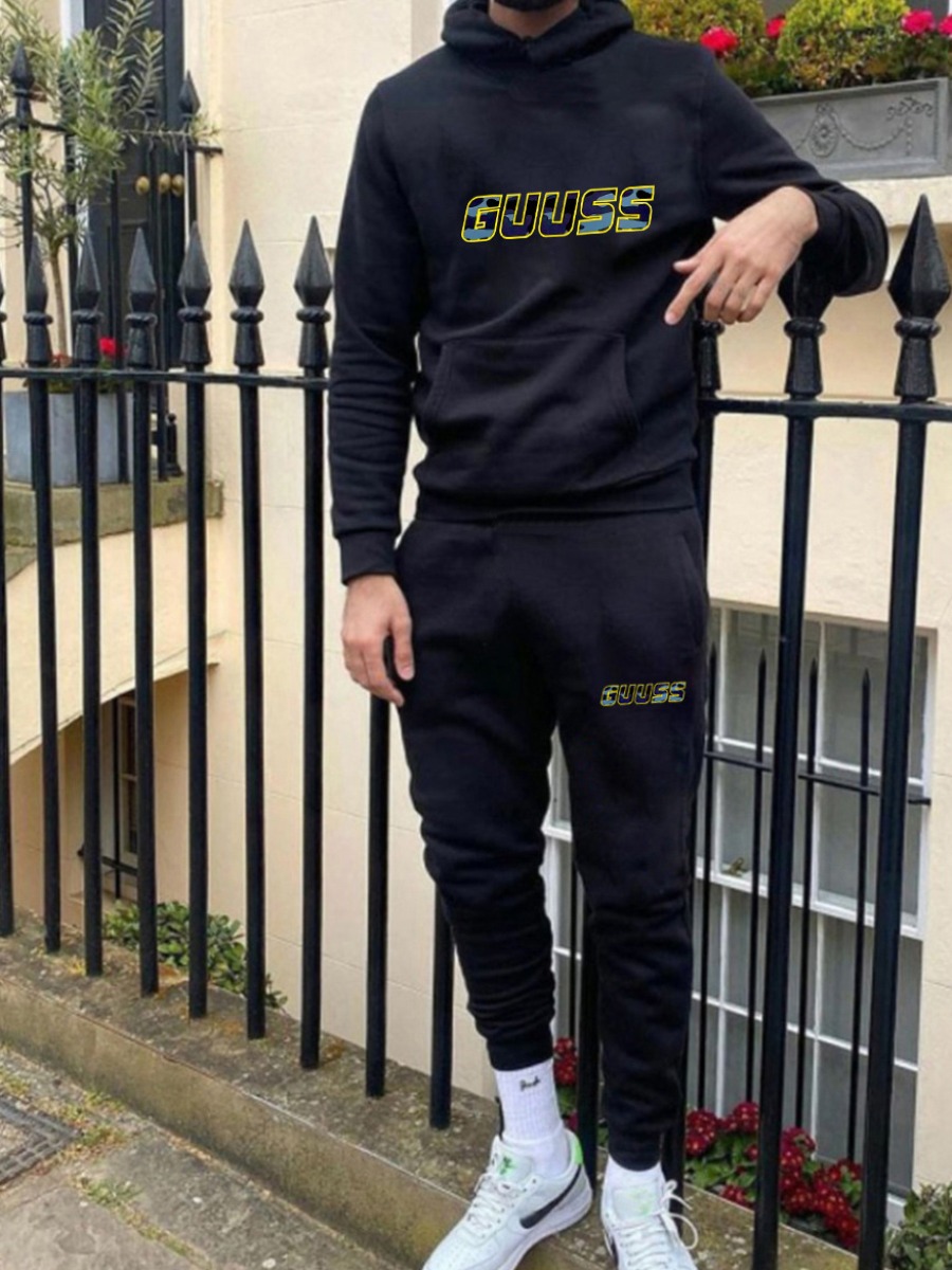 LW Men Letter Print Kangaroo Pocket Tracksuit Set
