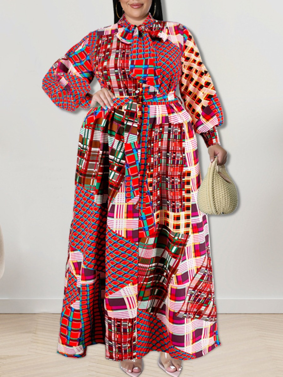 LW Plus Size Tie Neck Geometric Print A Line Dress
