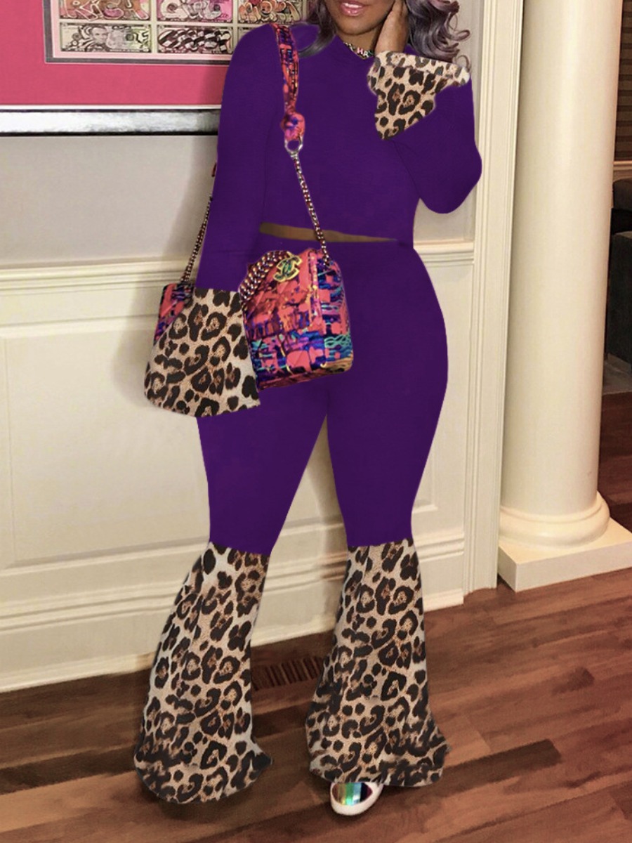 LovelyWholesale Plus Size Leopard Print Flared Pants Set Fall Long Sleeve Casual Pattern Round Neck  3X Spring Summer 2024