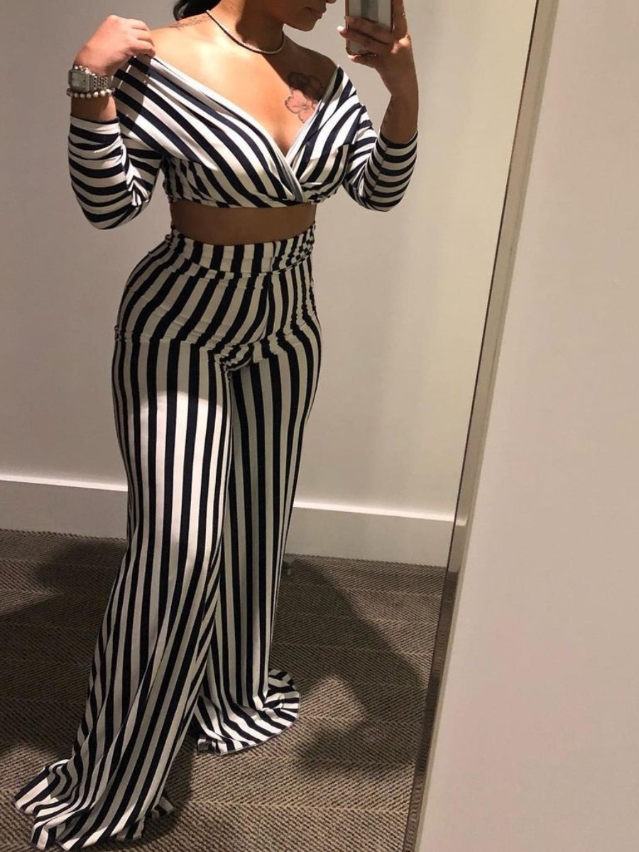 LovelyWholesale Crop Top Striped Wide Leg Pants Set Fall Long Sleeve Casual Pattern V Neck Spring Summer 2024