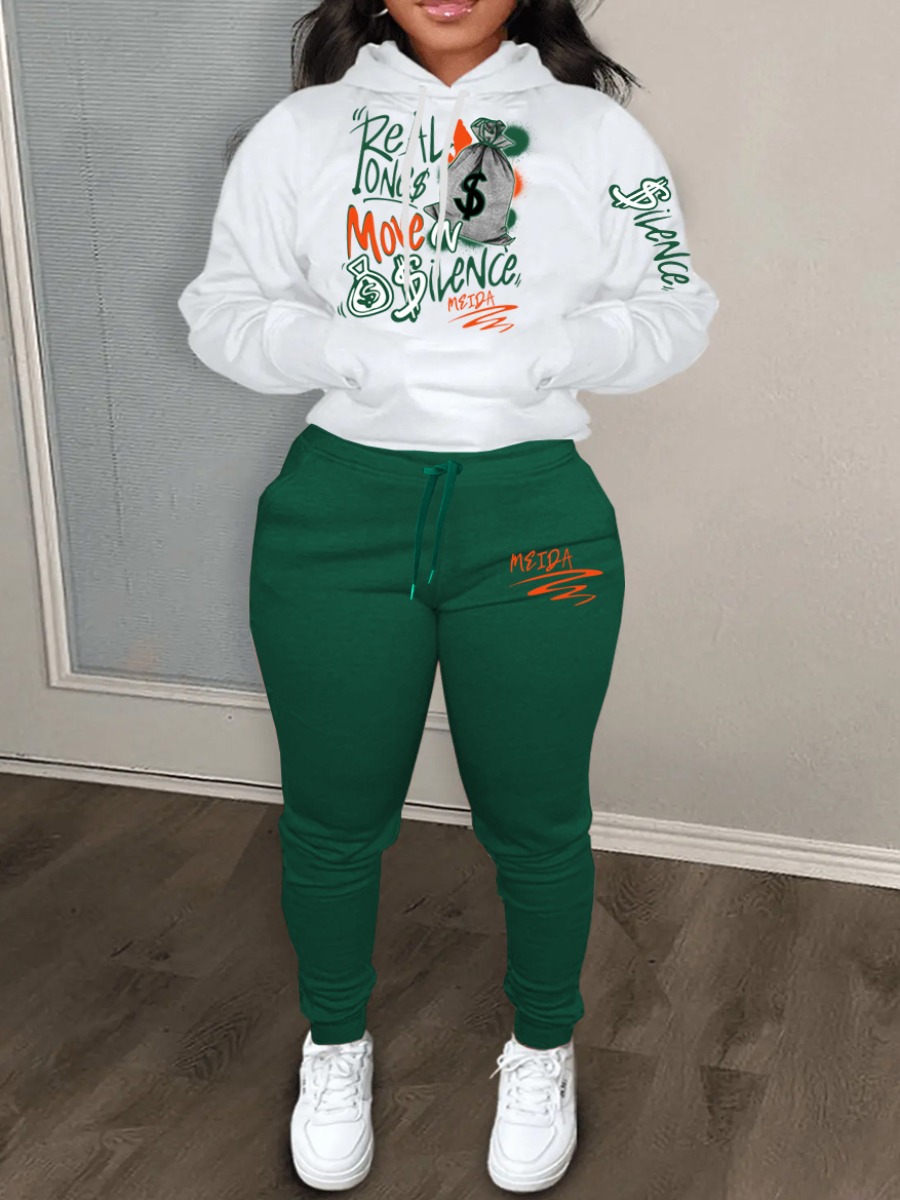 LW Plus Size Money Bag Letter Print Kangaroo Pocket Tracksuit Set