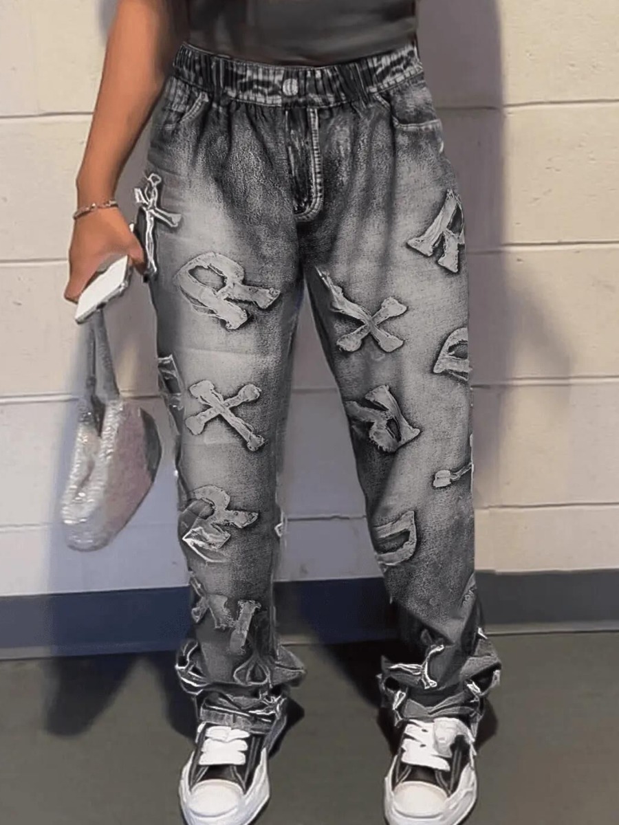 LW Mid Waist Letter Decor Loose Pants