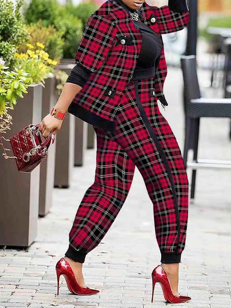 LW Plus Size Plaid Print Pocket Zipper Design Pants Set