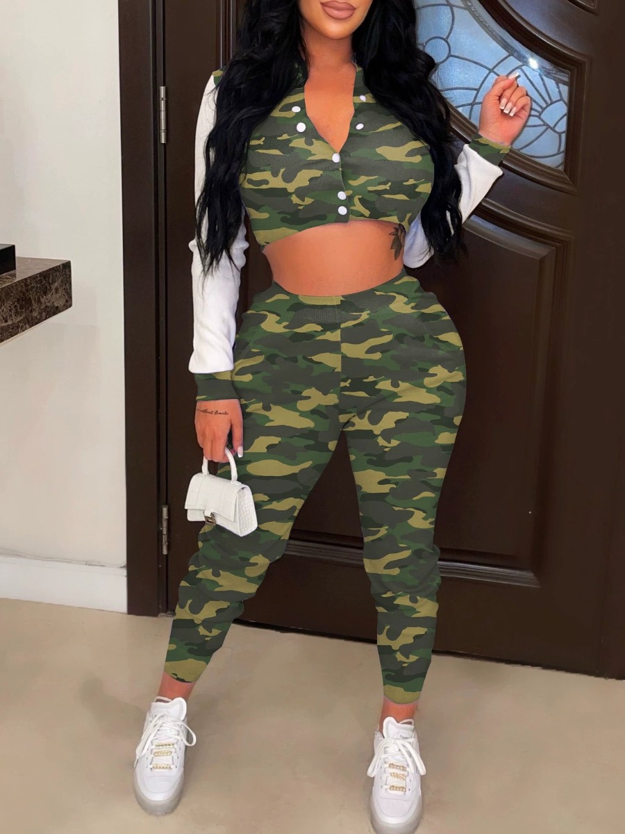 LW Crop Top Camo Print Pants Set