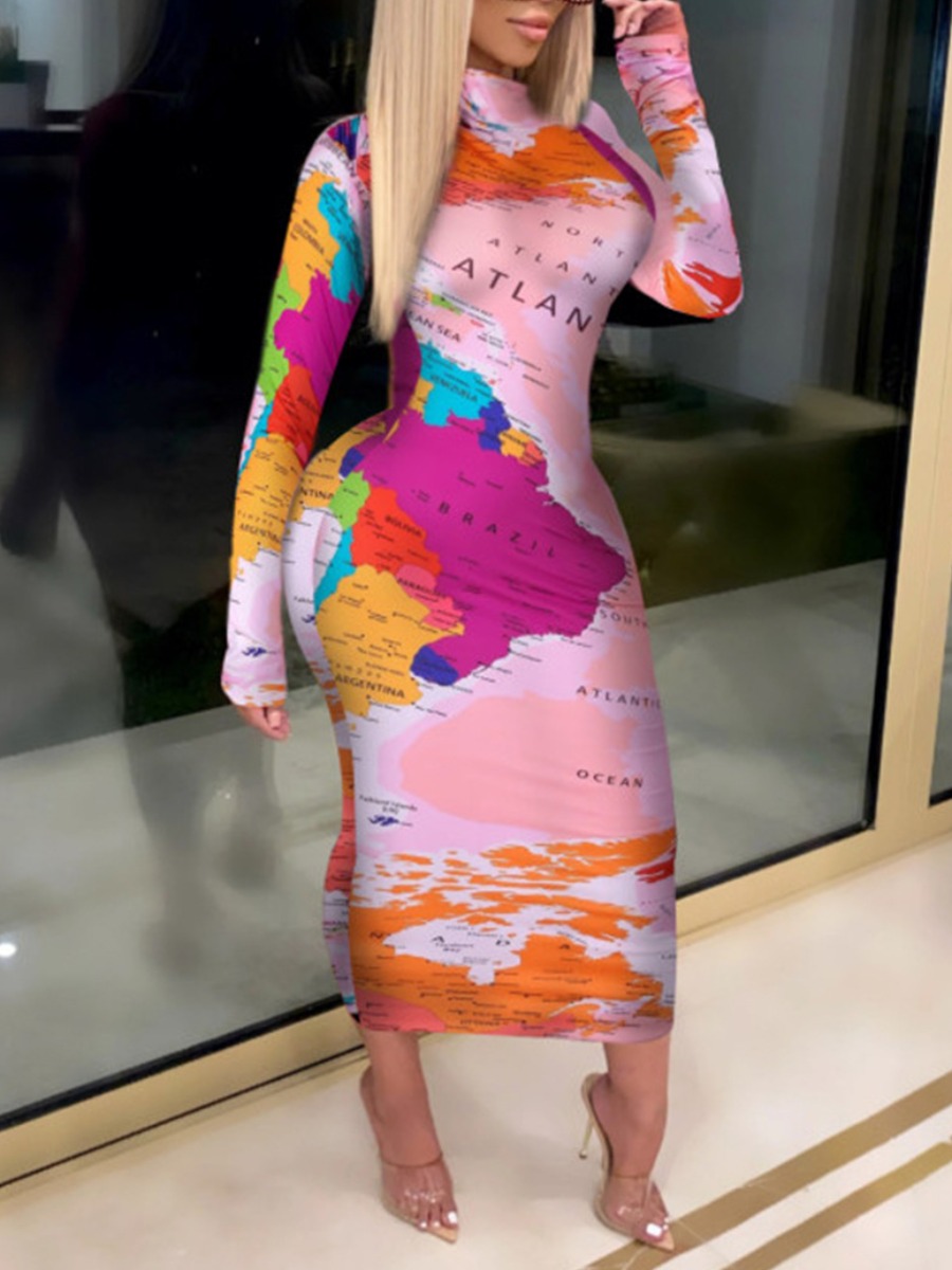 LW Plus Size World Map Letter Print Bodycon Dress