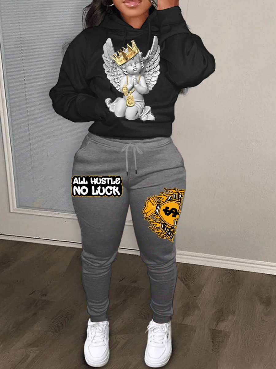 LovelyWholesale Crown Figure Money Print Pants Set Fall Long Sleeve Casual Pattern Hooded Collar Spring Summer 2024