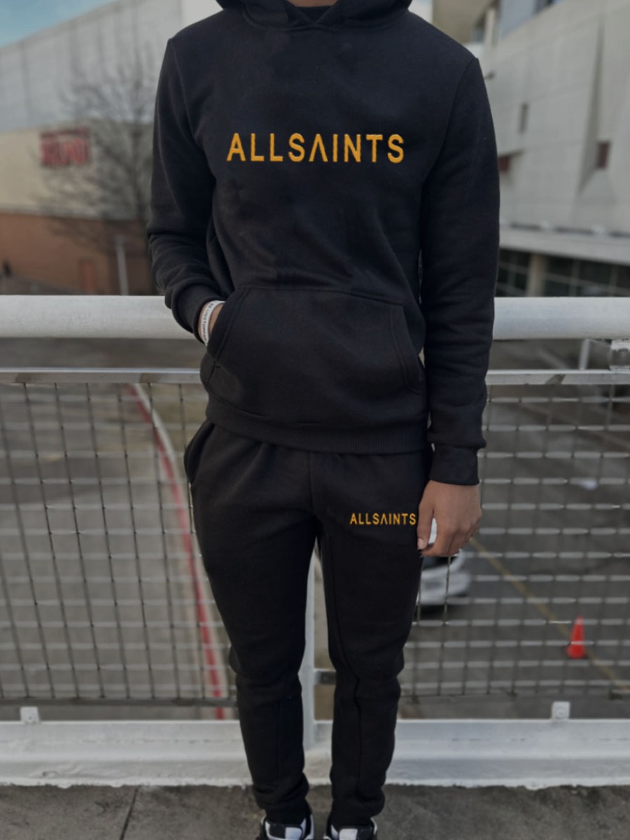 LW Men Letter Print Kangaroo Pocket Tracksuit Set