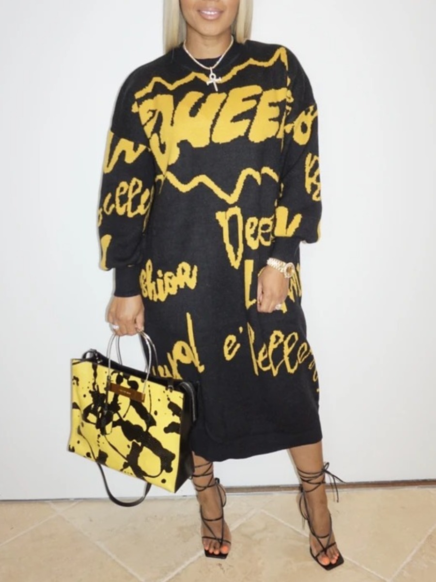 LW Round Neck Letter Print Sweat Dress