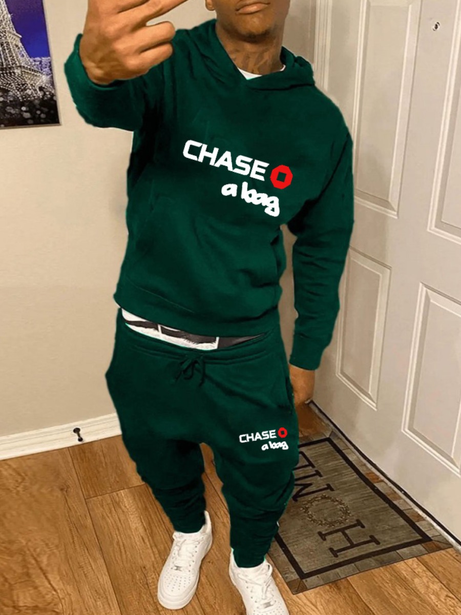 LW Men Letter Print Kangaroo Pocket Tracksuit Set