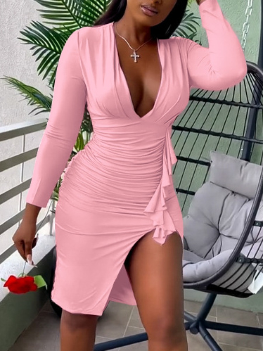 LW Plus Size Shirred Flounce Design Thigh Slit Dress
