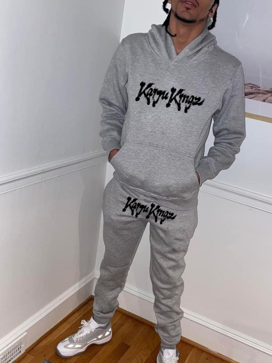 LW Men Letter Print Kangaroo Pocket Tracksuit Set