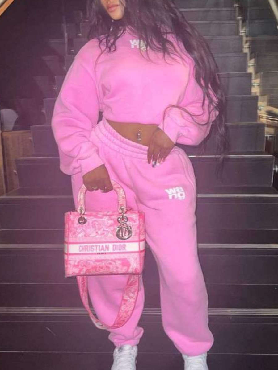 LovelyWholesale Plus Size Dropped Shoulder Letter Print Pants Set Fall Long Sleeve Casual Pattern Round Neck  3X Spring Summer 2024