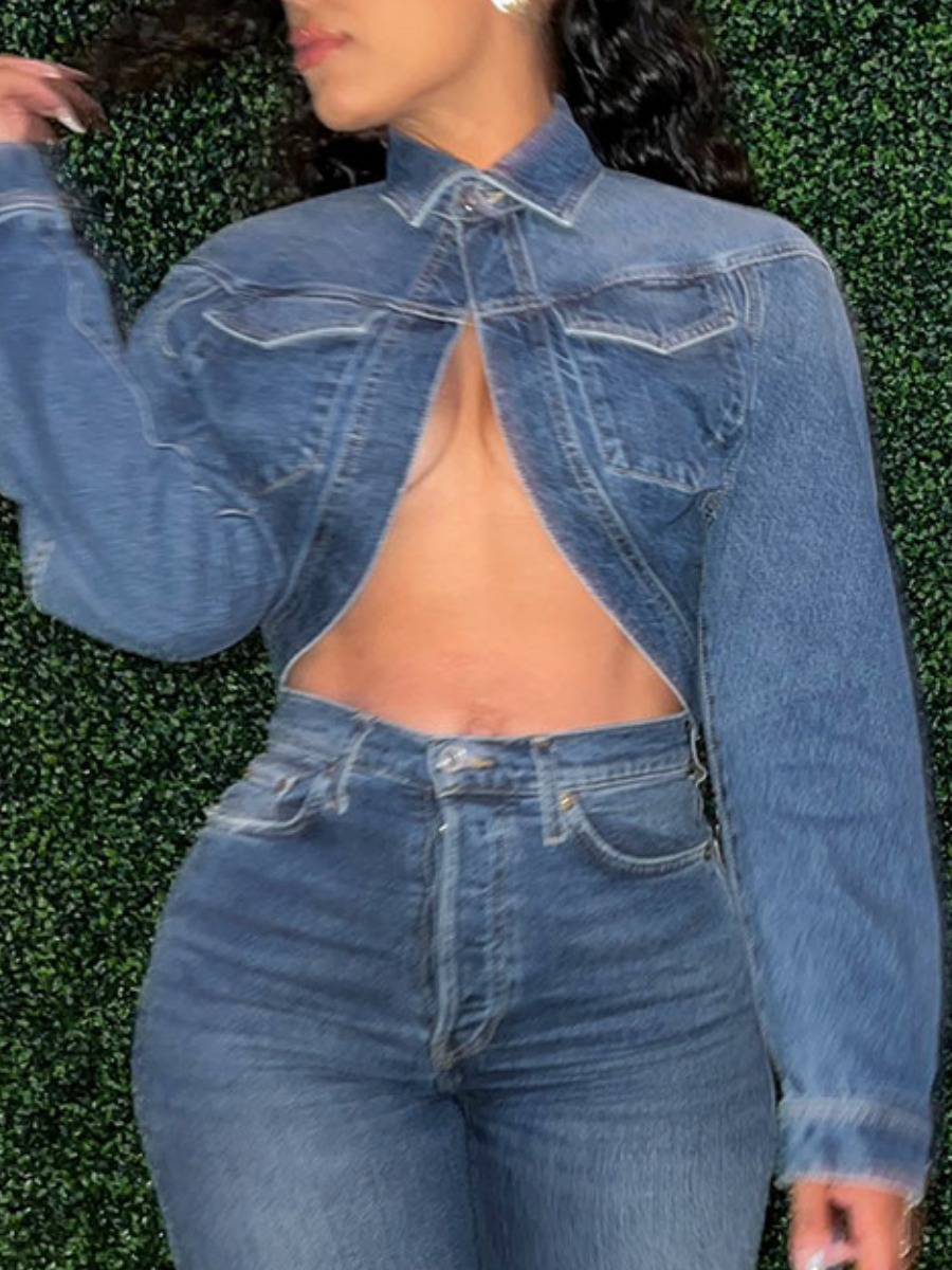 LovelyWholesale Turndown Collar Pocket Design Button Solid Skinny Micro Elasticity Denim Jacket Fall Nine Points Sleeve Street Spring Summer 2024