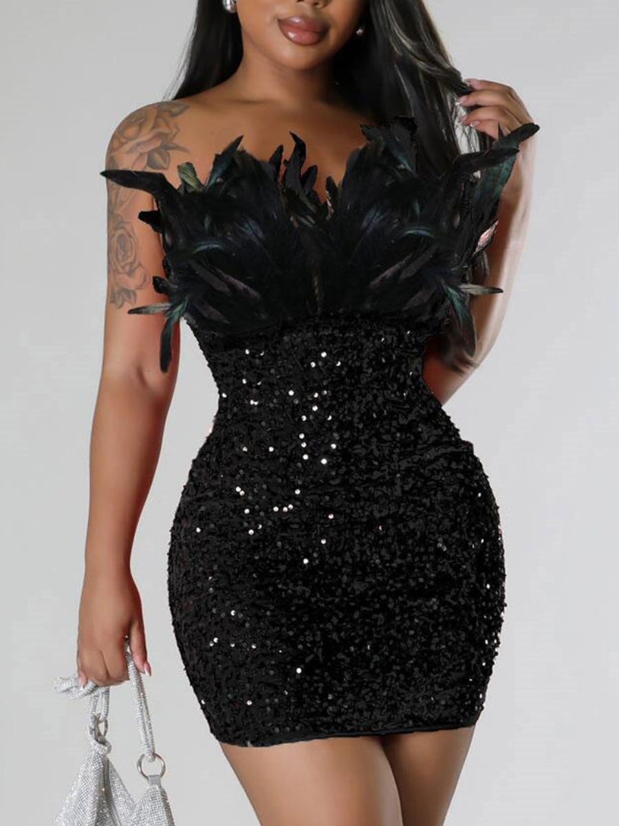 LW Plus Size Off The Shoulder Sequined Feathers Decor Bodycon Dress