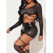 LW SXY Plus Size Faux Leather Rhinestone See Throu