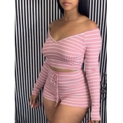 LW V Neck Drawstring Striped Shorts Set