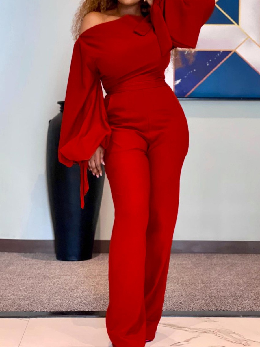 LovelyWholesale Plus Size One Shoulder Bandage Design Wide Leg Jumpsuit Fall Long Sleeve Elegant One Shoulder  3X Spring Summer 2024