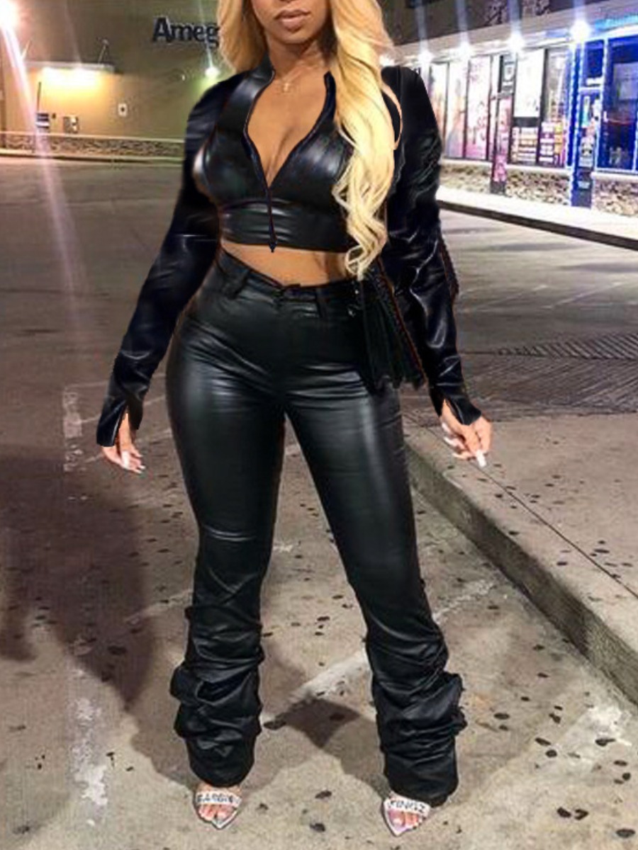 LW Faux Leather Crop Top Stacked Pants Set