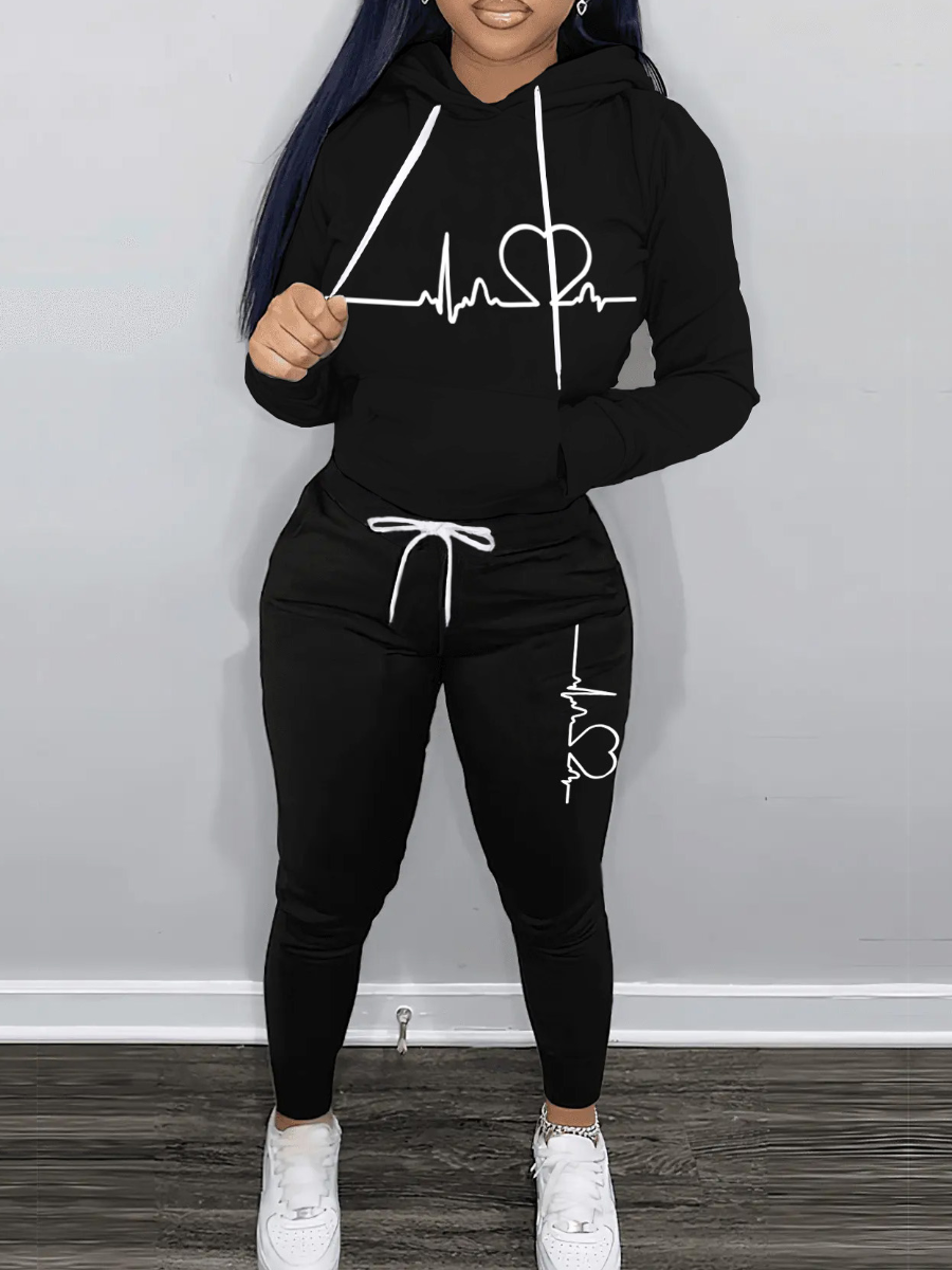 LW Heart Print Kangaroo Pocket Tracksuit Set
