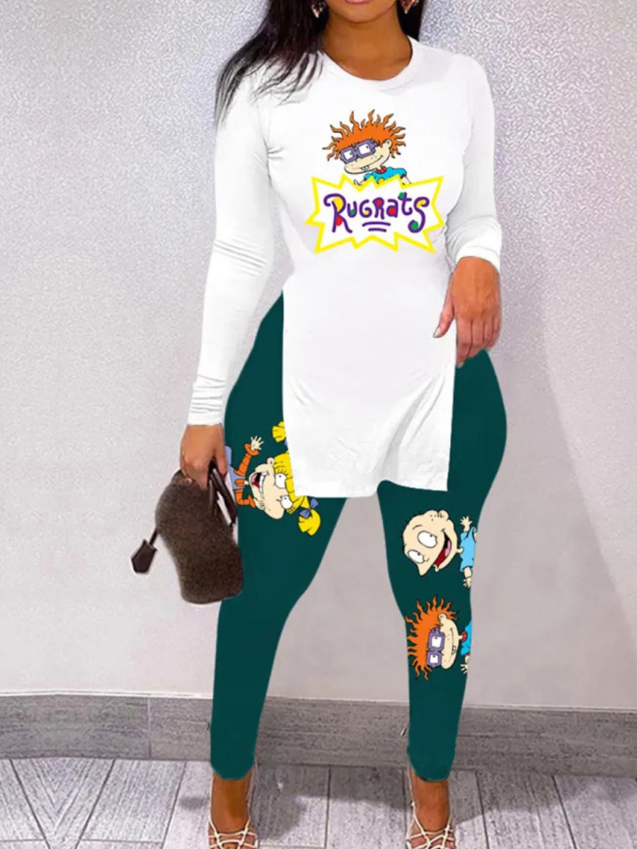 LW Cartoon Letter Print Side Split Pants Set