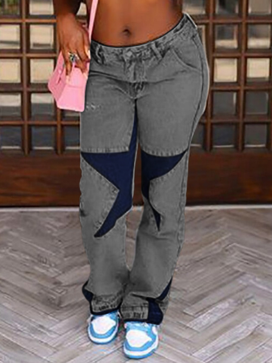 LW Mid Waist Star Print Pocket Design Stretchy Jeans