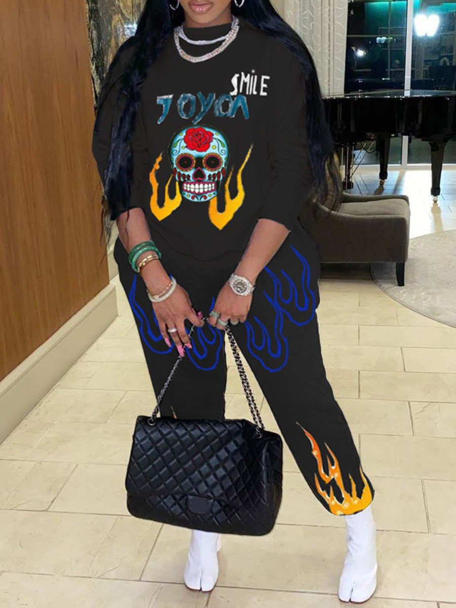 LW Skull Head Flame Graffiti Print Pants Set