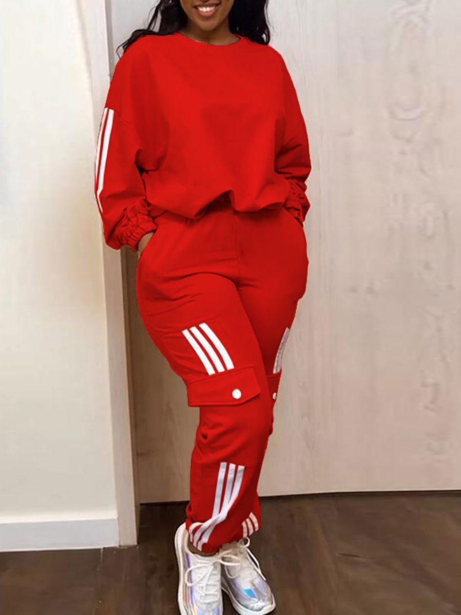 LovelyWholesale Plus Size Striped Drawstring Pocket Design Pants Set Fall Long Sleeve Casual Round Neck  3X Spring Summer 2024