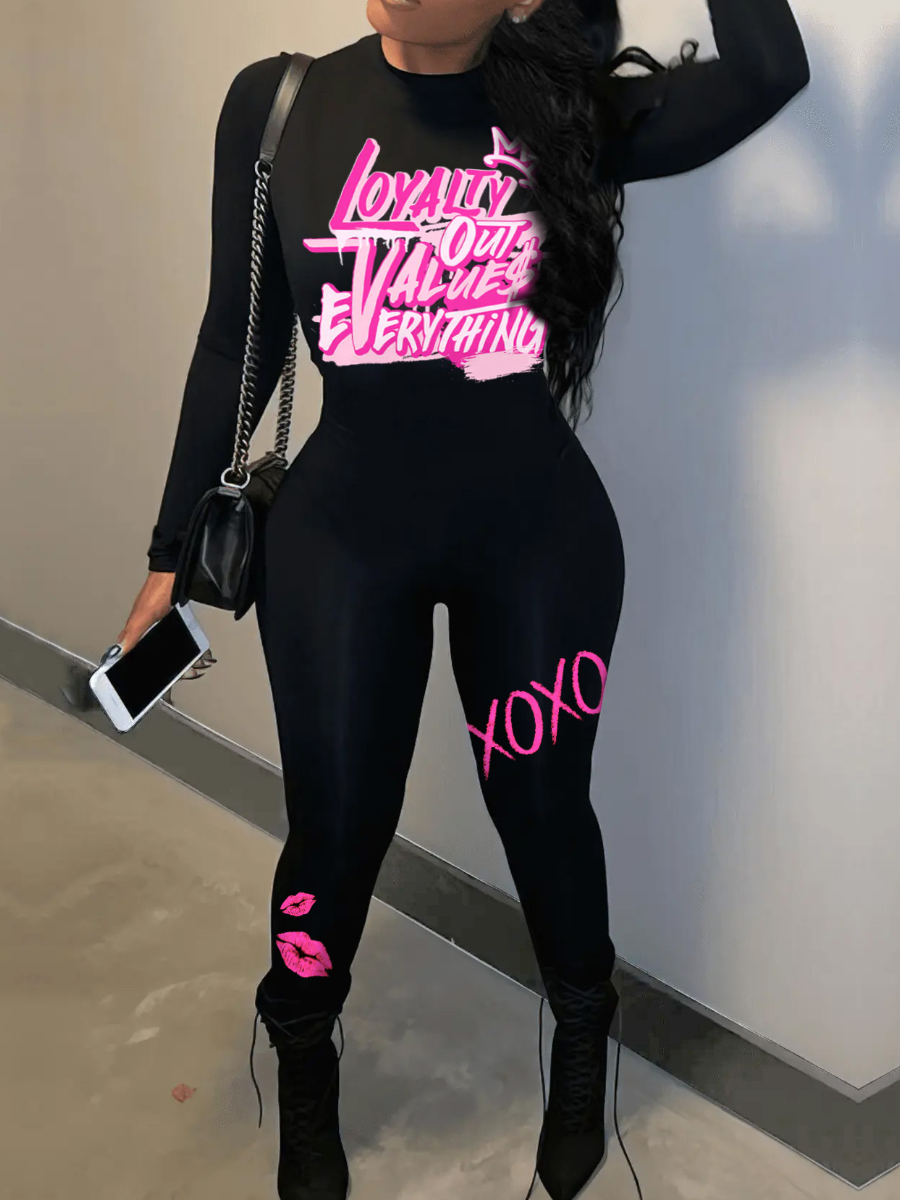 LW Lip Letter Print Skinny Jumpsuit