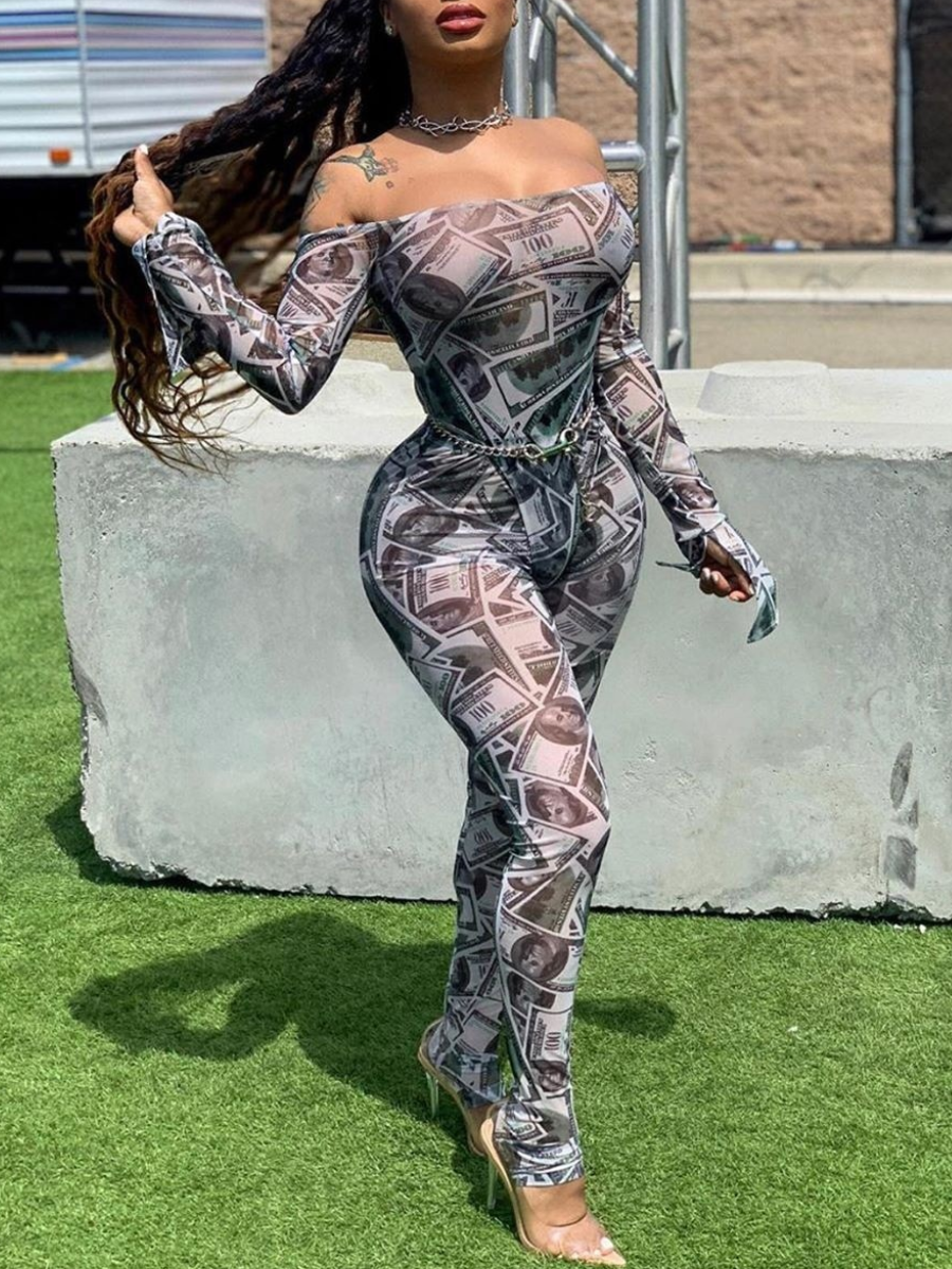 LovelyWholesale Off The Shoulder Money Print Skinny Pants Set Fall Long Sleeve Street Pattern Bateau Neck Spring Summer 2024