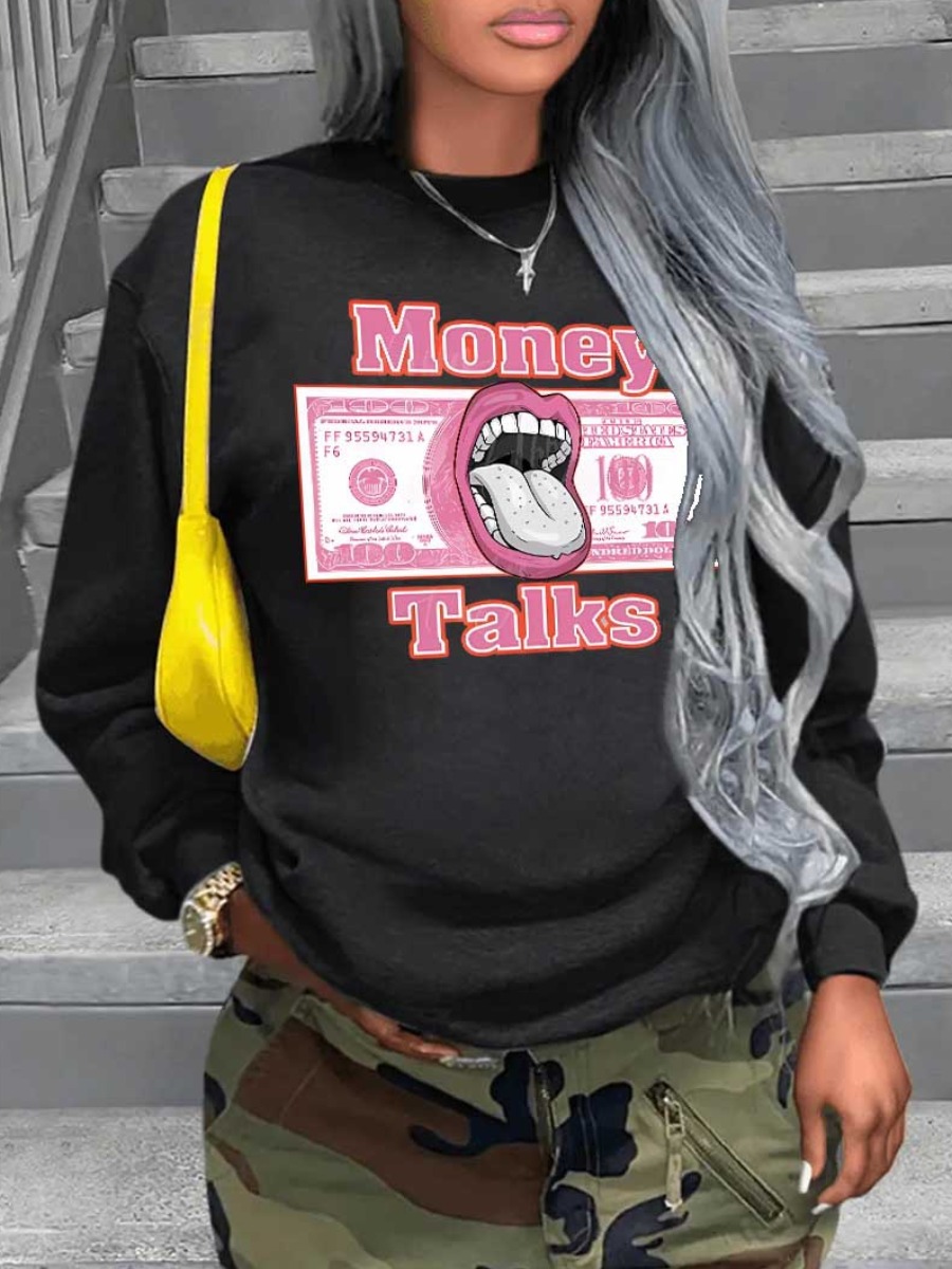 LovelyWholesale Money Letter Lip Print Sweatshirt Fall Nine Points Sleeve Street None Round Neck Spring Summer 2024