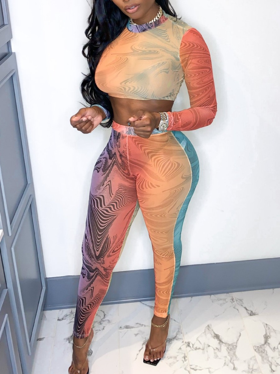 LW Crop Top Gradient Print Skinny Pants Set