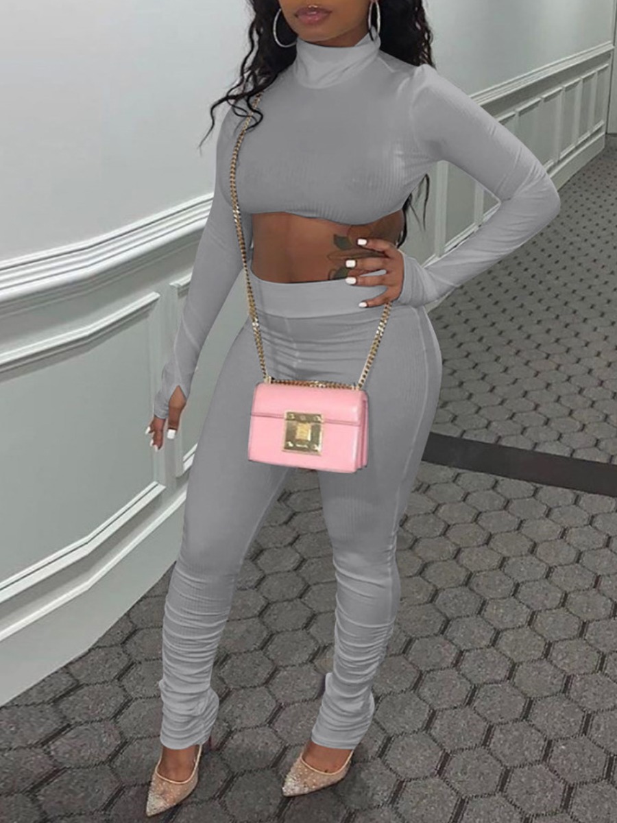 LW BASICS Turtleneck Crop Top High Waist Pants Set