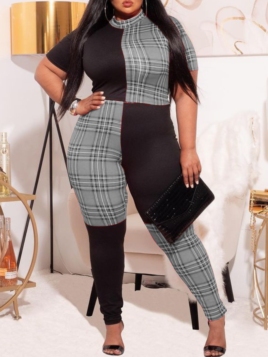 LW Plus Size Pattern Plaid Skinny Jumpsuit 0X